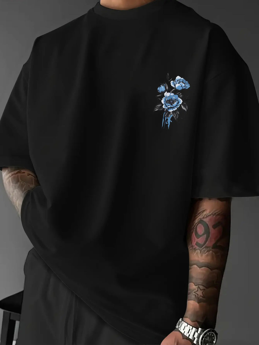 [Men's T-Shirt] New Men's T-Shirt, American Street Style Blue Peony Print T-Shirt