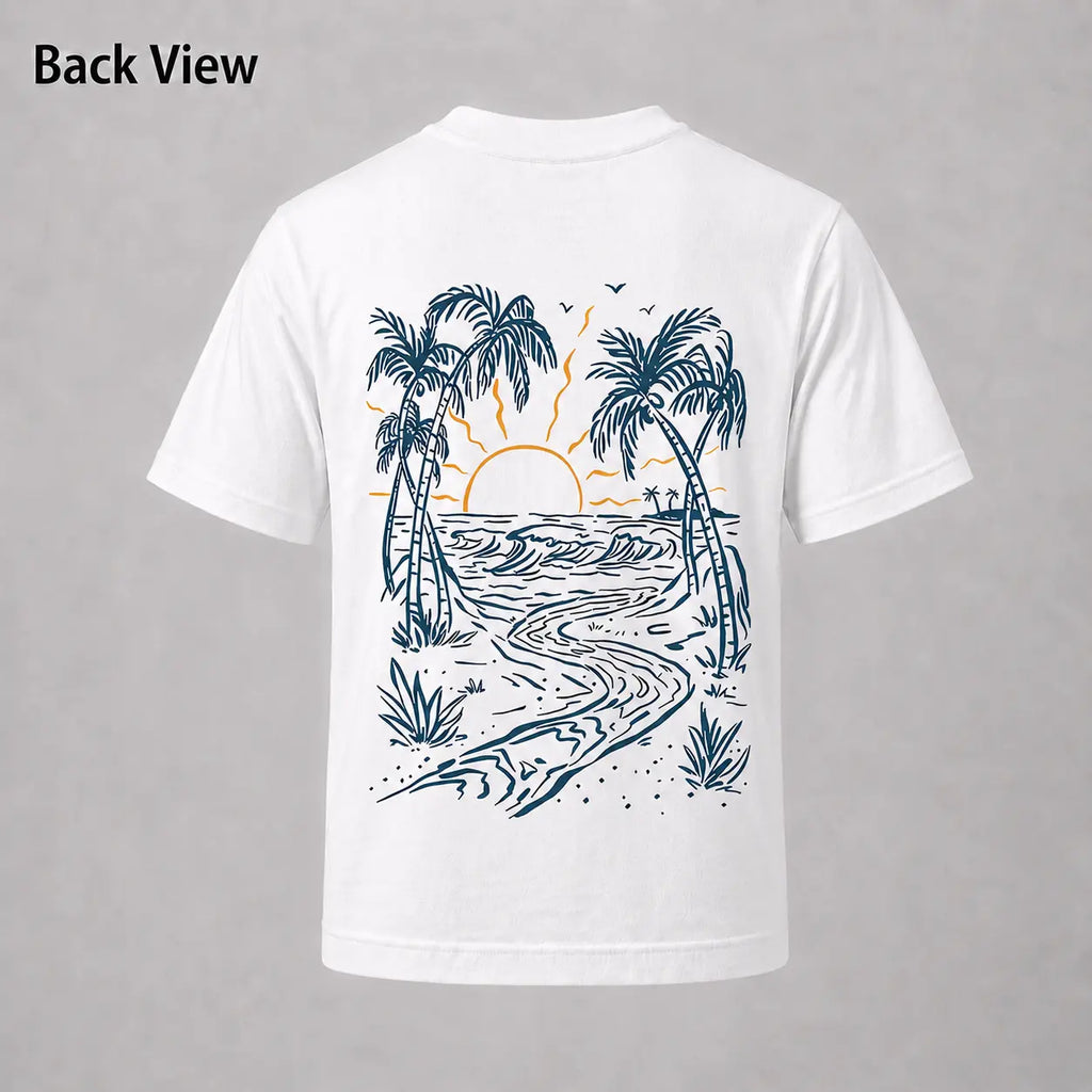 Coastal Men's Vacation Style Island Element Printed Short Sleeve T-Shirt, Suitable For Summer Wear, Comfortable & Breathable, Leading Fashion Soft Cotton Tee & Casual Outings 100% Cotton T-Shirt Ideal For Daily Outings & Holiday Gifts.