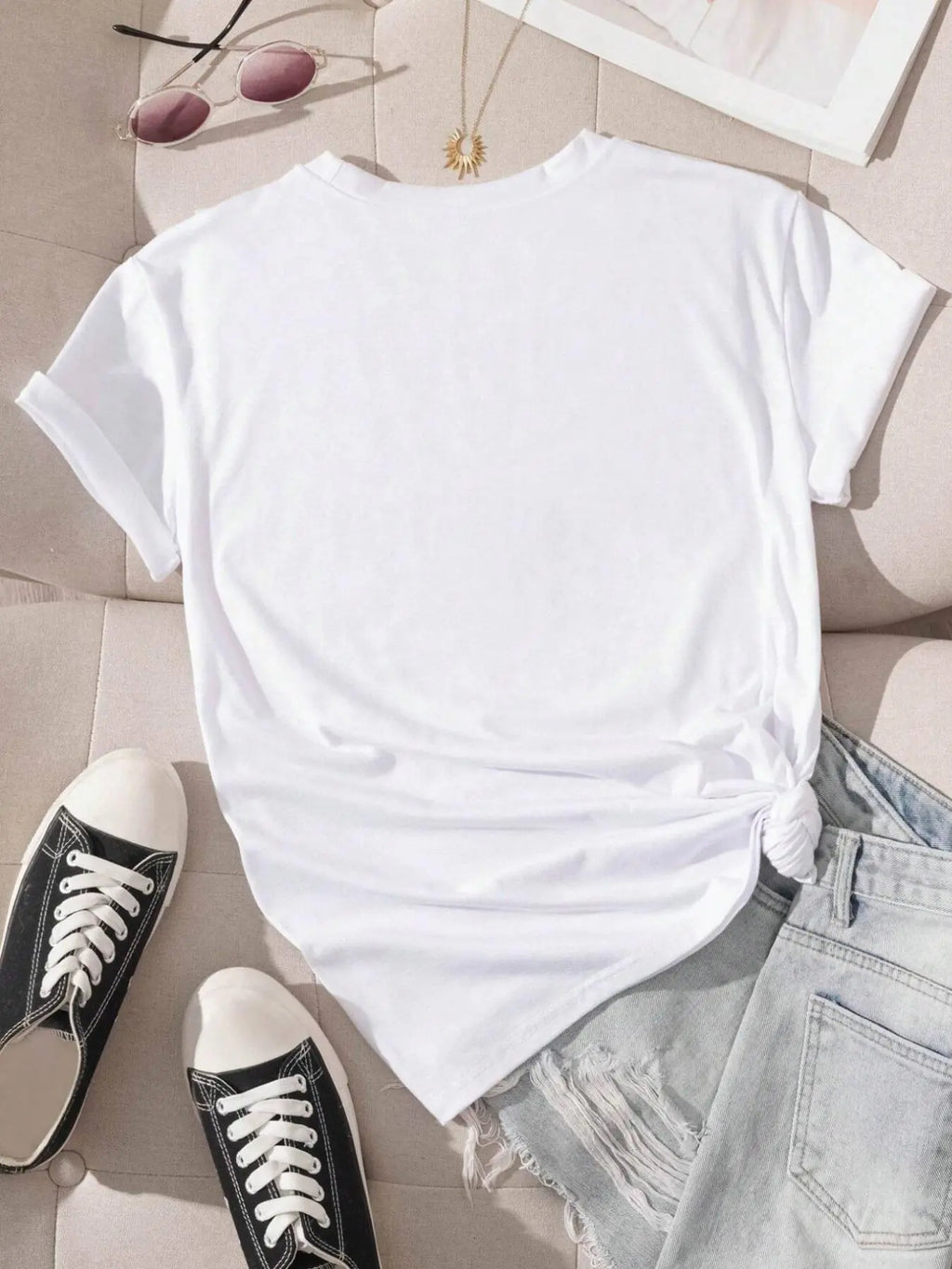 Women's Letter Print Round Neck Tee, Womenswear, Casual Short Sleeve Crew Neck T-Shirt for Summer, Fashion Women's Top for Daily Wear, Casual Tops