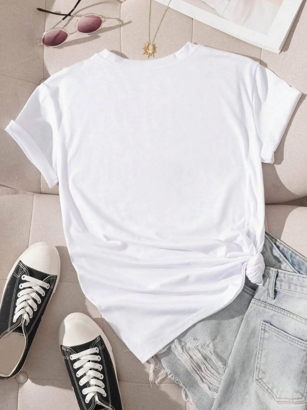 Women's Letter Print Round Neck Tee, Womenswear, Casual Short Sleeve Crew Neck T-Shirt for Summer, Fashion Women's Top for Daily Wear, Casual Tops
