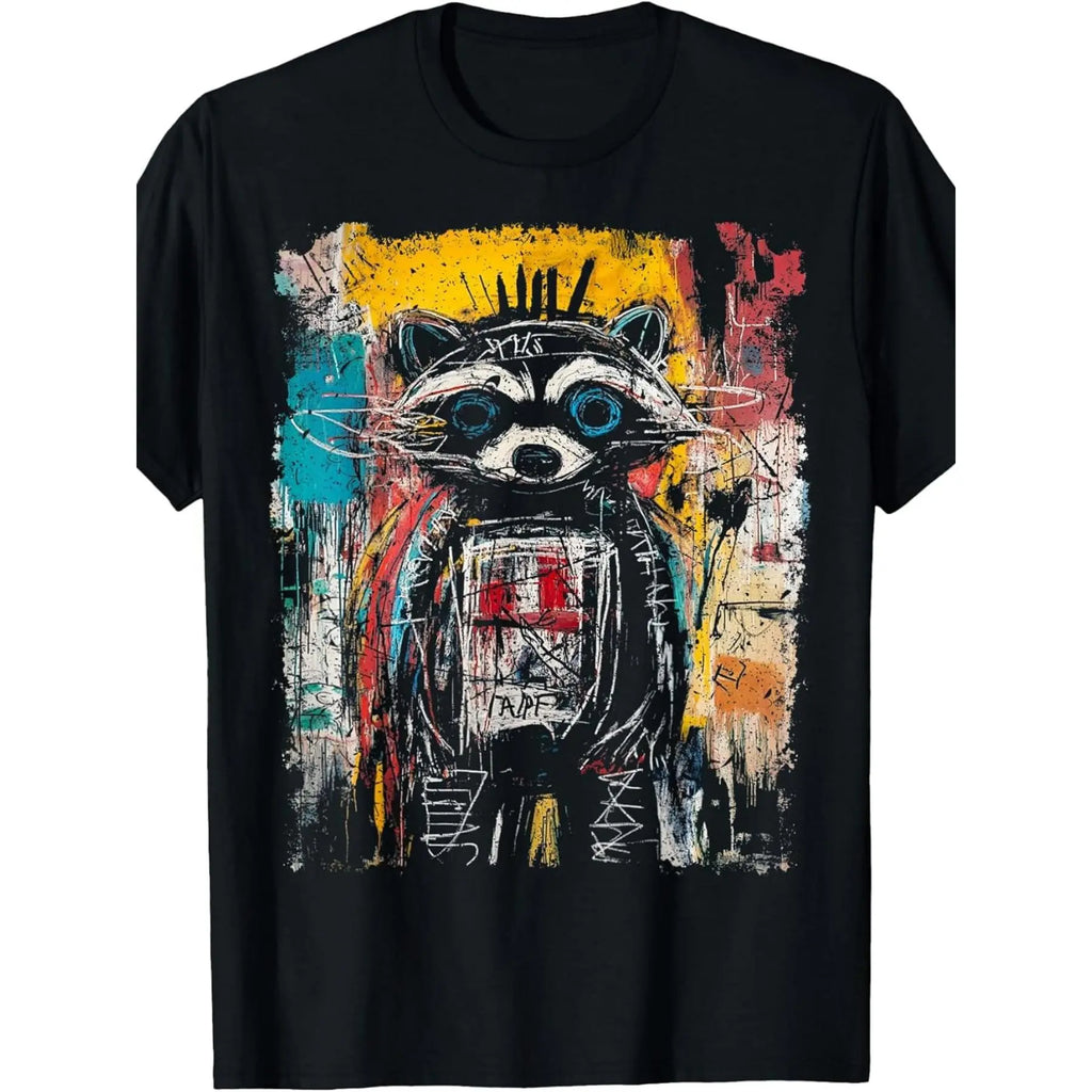 Pop Art Style Raccoon 90S Graffiti T-Shirt |   Same Style for Men And Women, 2026 Summer, Short-Sleeved, Printed, Crew Neck, Slight Stretch, Regular Fit, Perfect for Adults, Drawing Pattern.