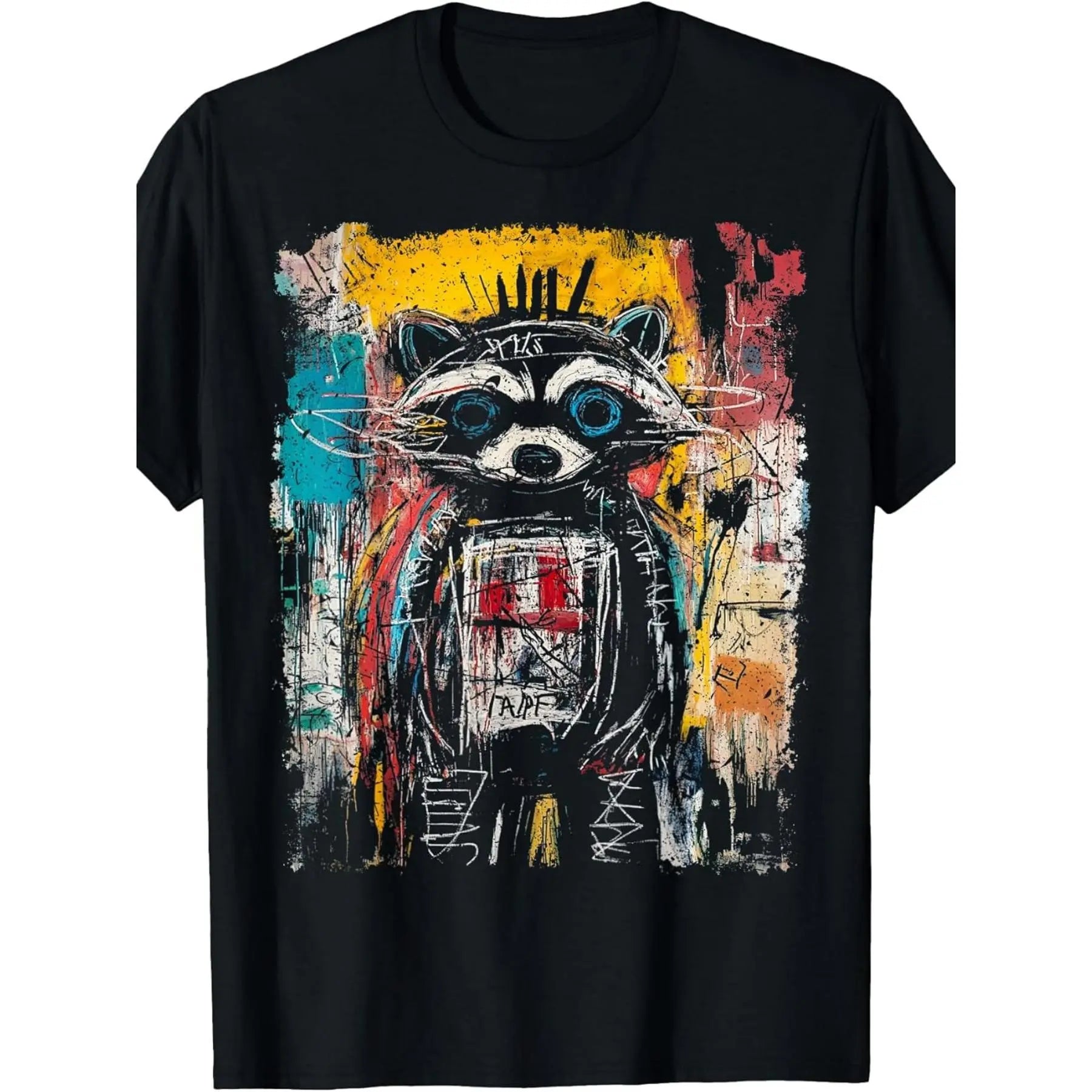 Pop Art Style Raccoon 90S Graffiti T-Shirt |   Same Style for Men And Women, 2026 Summer, Short-Sleeved, Printed, Crew Neck, Slight Stretch, Regular Fit, Perfect for Adults, Drawing Pattern.