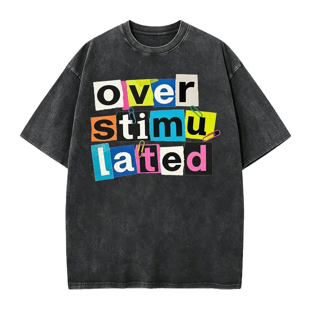 Women's Casual Graphic T-Shirt - "Overstimulated" Print Short Sleeve Summer Top, Black with White Lettering, Breathable Round Neck Tee for Casual Attire, Ladies T Shirts, Comfortable Tee, Relaxed Fit Shirt, Machine Washable Shirt