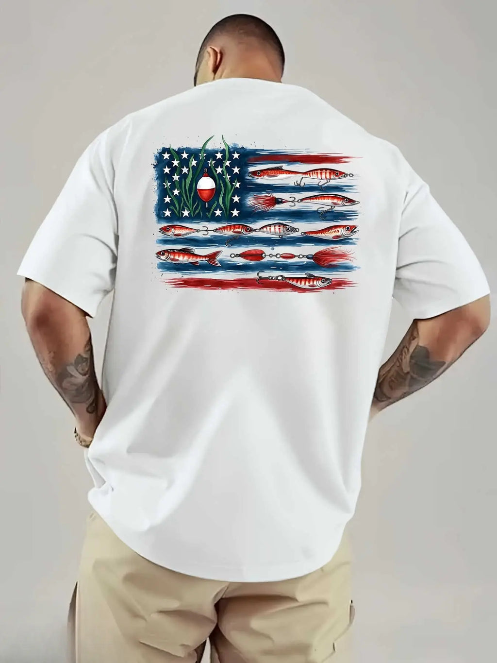 American Flag And Fish Print Short-Sleeve T-Shirt. The Design Combines The American Flag with Fishing Elements, Making It Suitable for Outdoor Fishing Enthusiasts in Summer. It'S a Great Father'S Day Gift Or a Special Present for Fishing Lovers.