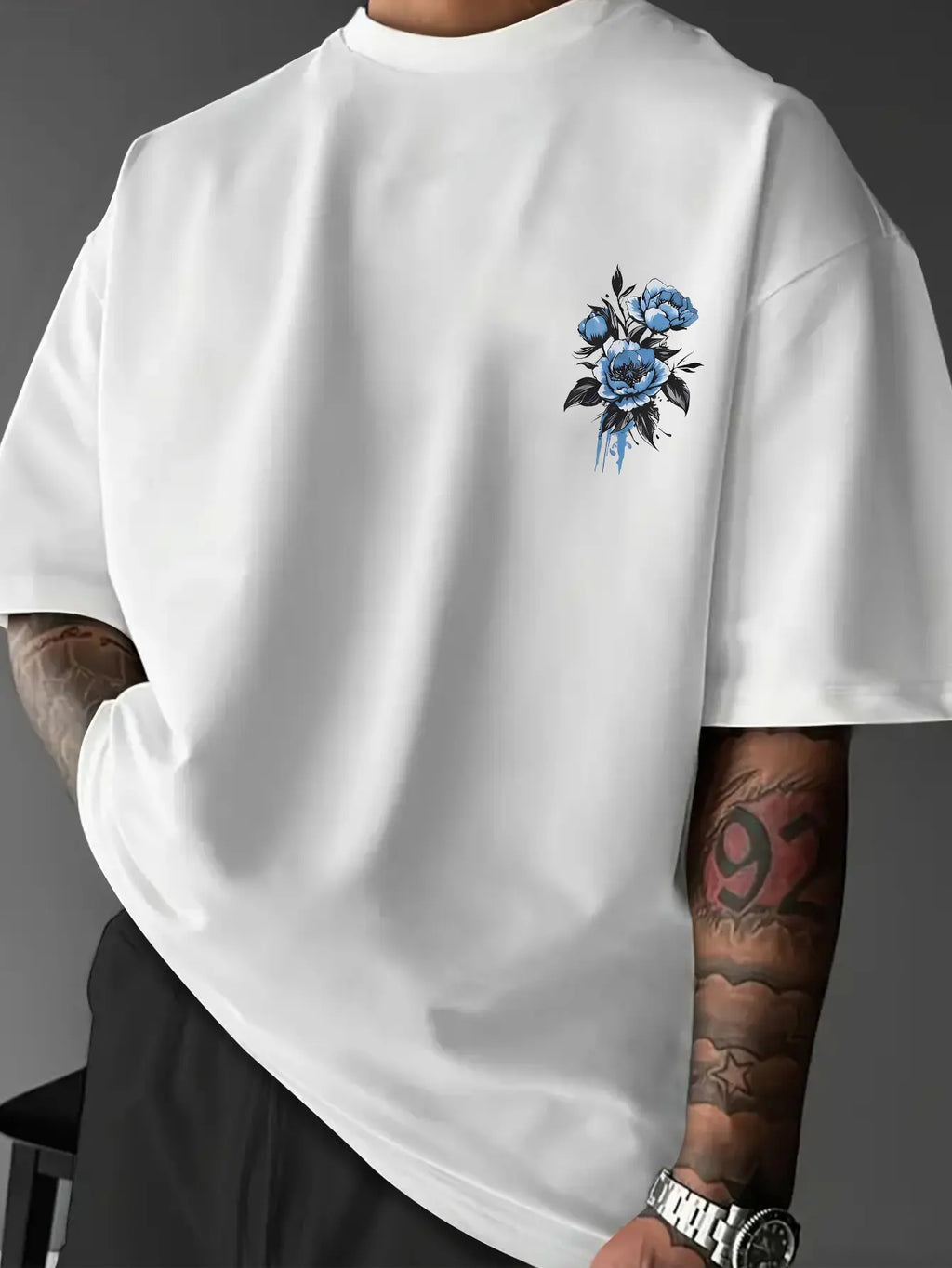 [Men's T-Shirt] New Men's T-Shirt, American Street Style Blue Peony Print T-Shirt