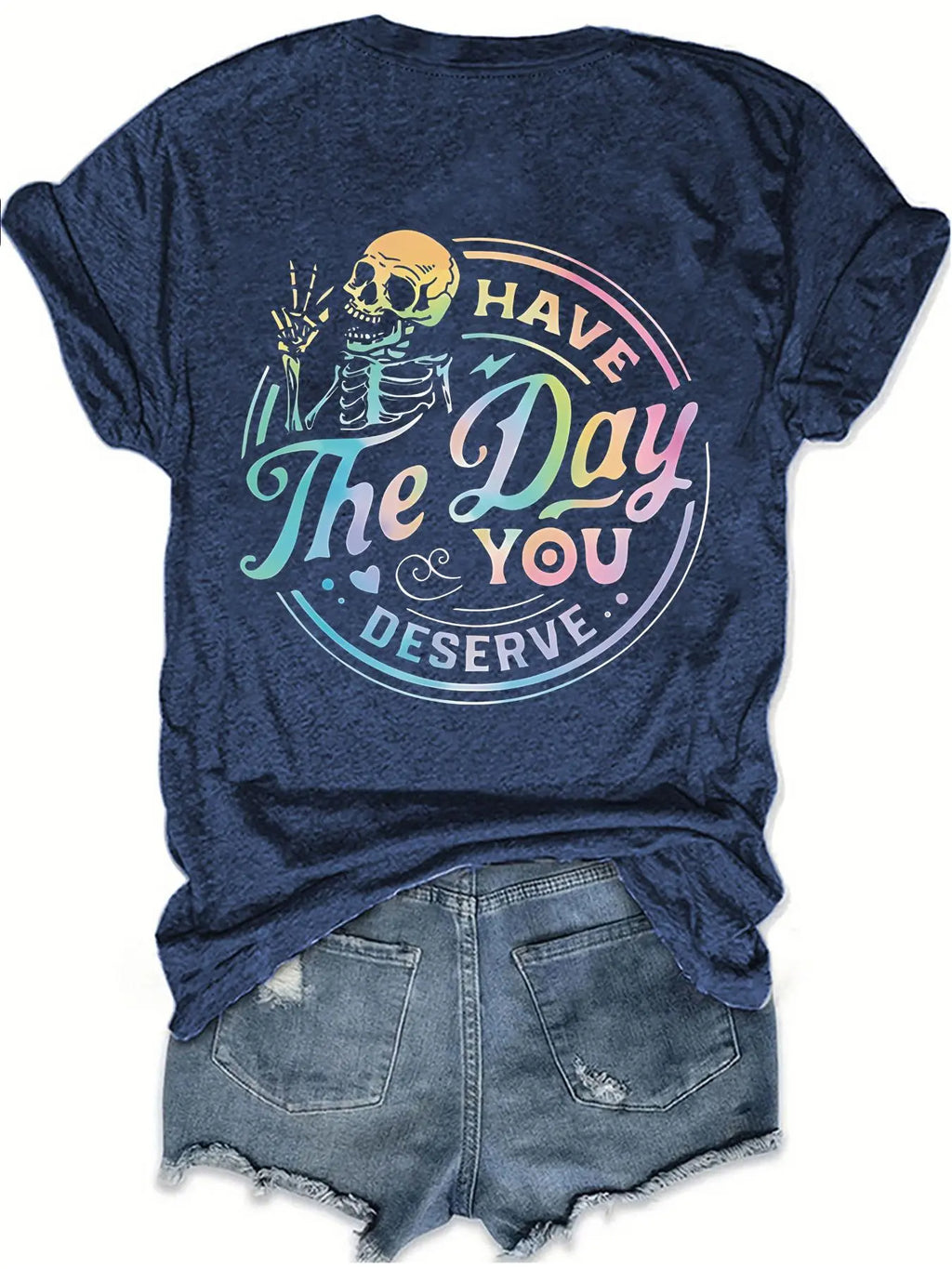 Women's Casual Everyday Fitted Graphic Letter Print Round Neck Short Sleeve T-Shirt, Spring Summer Streetwear Fashion Tee, Fun Skull Pattern, Inspirational Gradient Design, Womenswear