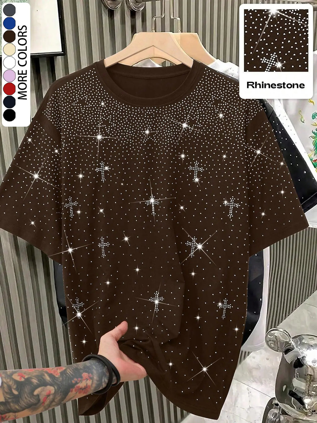 Unisex Rhinestone Cross Pattern T-Shirt, Street Style Glam Top, Sparkling Fashion Design, Perfect for Daily Wear & Night Out