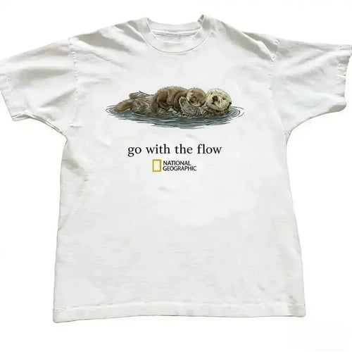 "Go With The Flow" Otter Graphic T-Shirt, Unisex Vintage Style Short Sleeve Streetwear Top, Casual Round Neck Cotton Tee for Animal Lovers