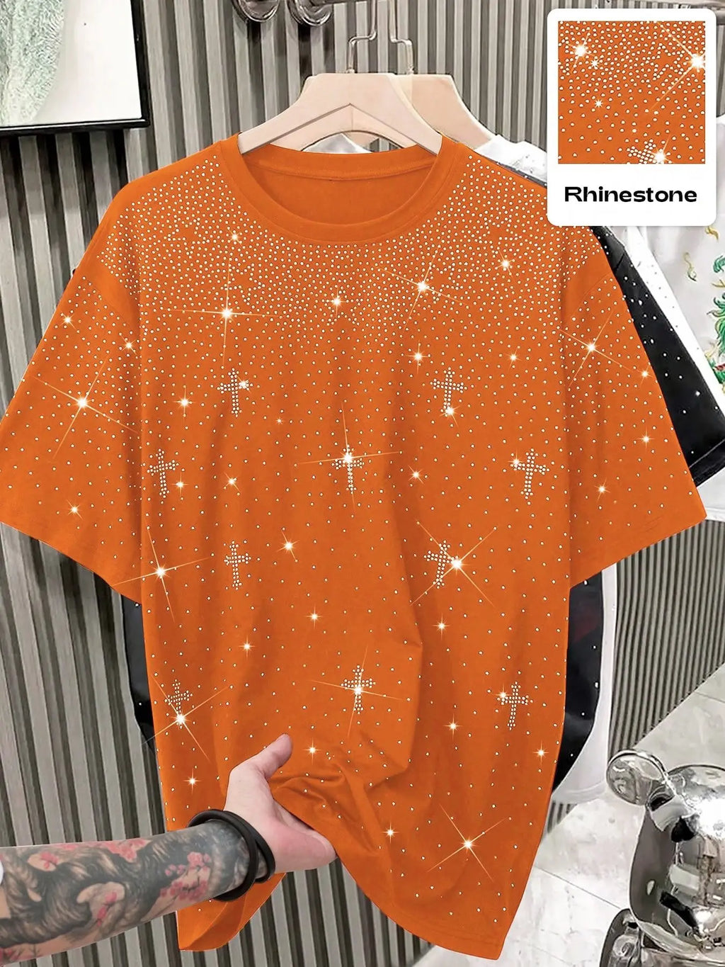 Unisex Rhinestone Cross Pattern T-Shirt, Street Style Glam Top, Sparkling Fashion Design, Perfect for Daily Wear & Night Out