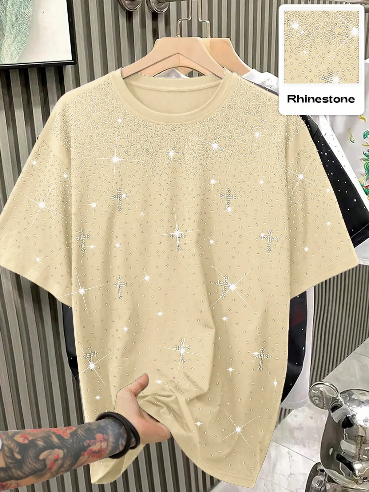 Unisex Rhinestone Cross Pattern T-Shirt, Street Style Glam Top, Sparkling Fashion Design, Perfect for Daily Wear & Night Out