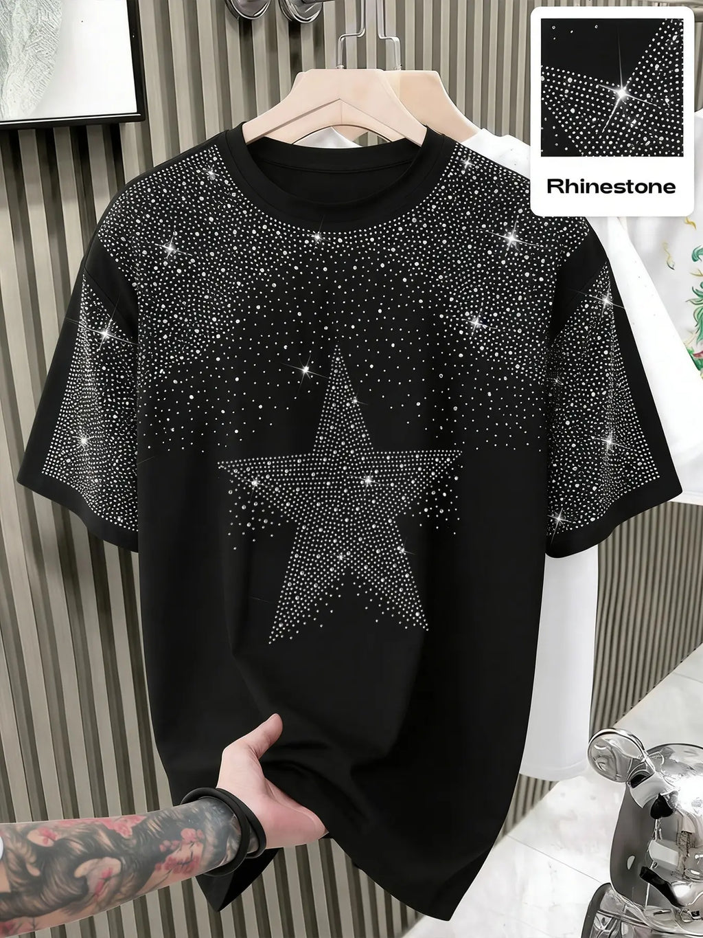 Unisex Rhinestone Cross Pattern T-Shirt, Street Style Glam Top, Sparkling Fashion Design, Perfect for Daily Wear & Night Out