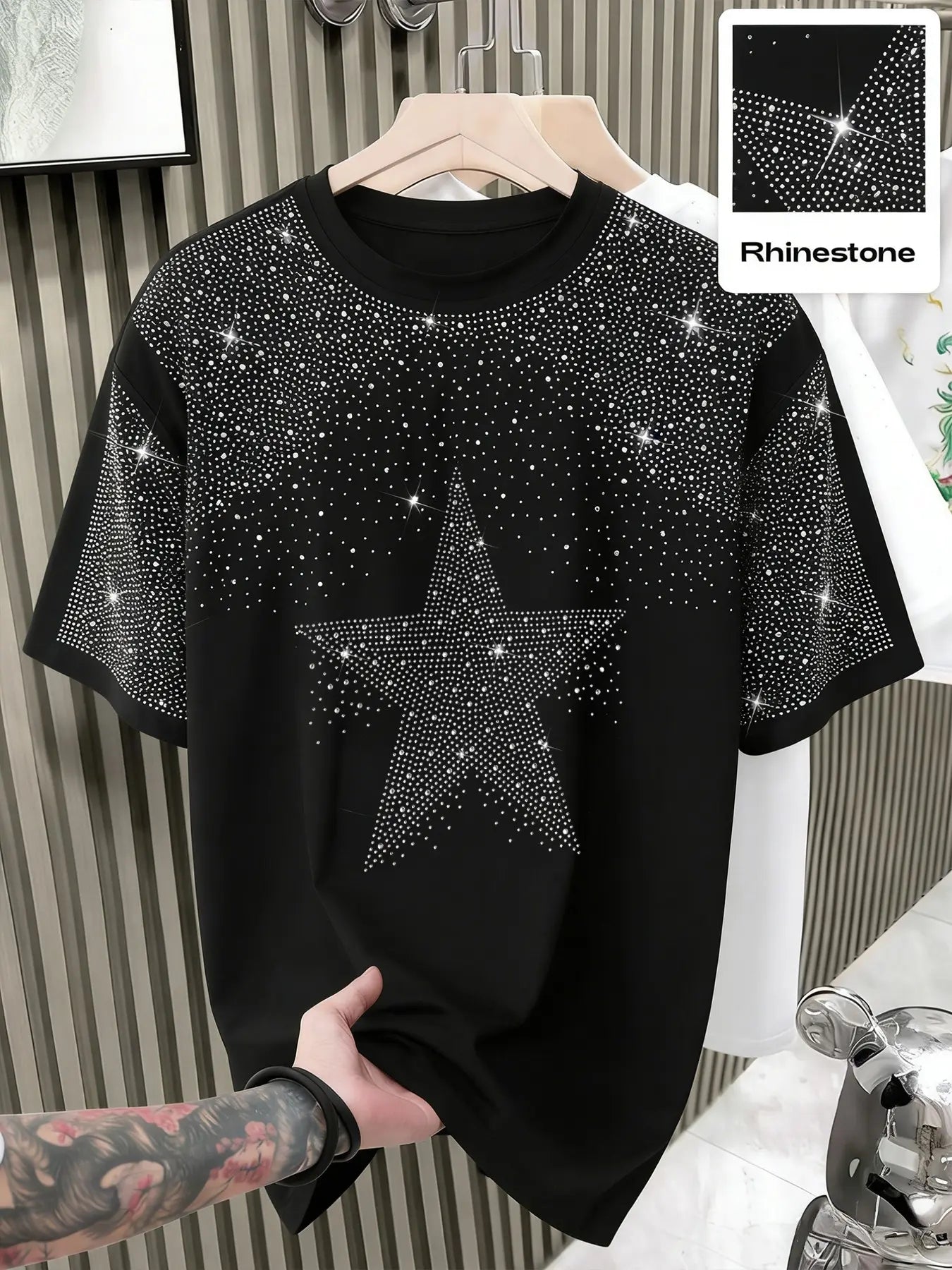 Unisex Rhinestone Cross Pattern T-Shirt, Street Style Glam Top, Sparkling Fashion Design, Perfect for Daily Wear & Night Out