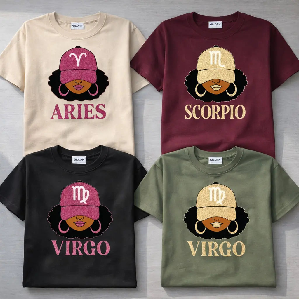 All 12 Zodiac Slay Girl T-shirt – Glitter Astrology Hat Graphic for Adults, Full Horoscope Star Sign Collection with Bold Zodiac Letter Design, Unisex Astrology Gift for Men & Women