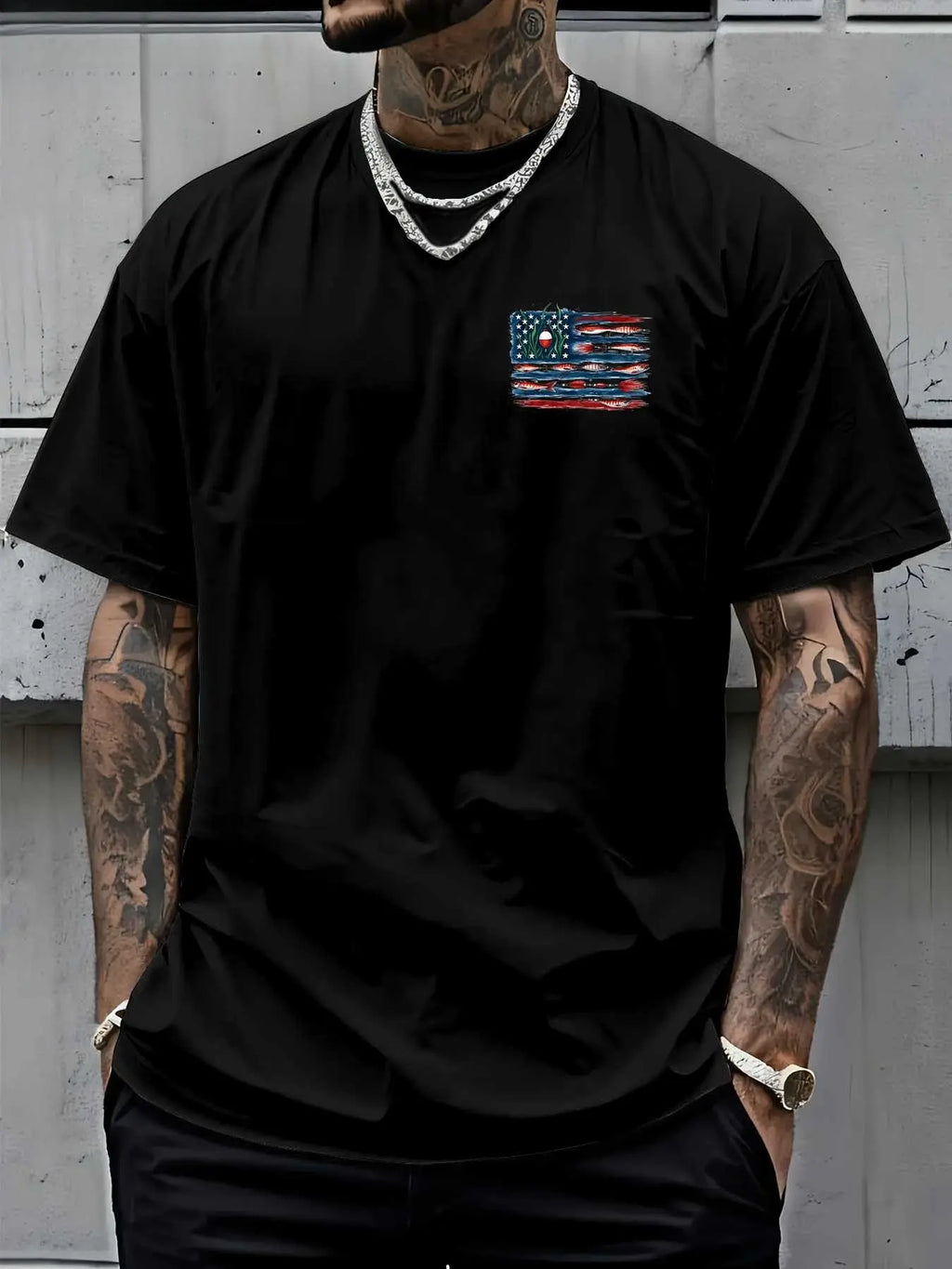 American Flag And Fish Print Short-Sleeve T-Shirt. The Design Combines The American Flag with Fishing Elements, Making It Suitable for Outdoor Fishing Enthusiasts in Summer. It'S a Great Father'S Day Gift Or a Special Present for Fishing Lovers.