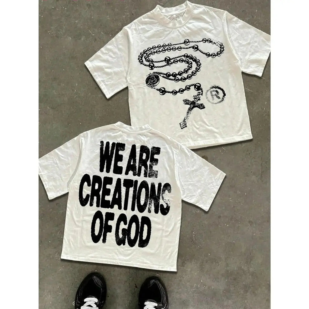 High Street Religious Themed Tee Featuring We Are Creations Of God Slogan Unisex Cotton T Shirt