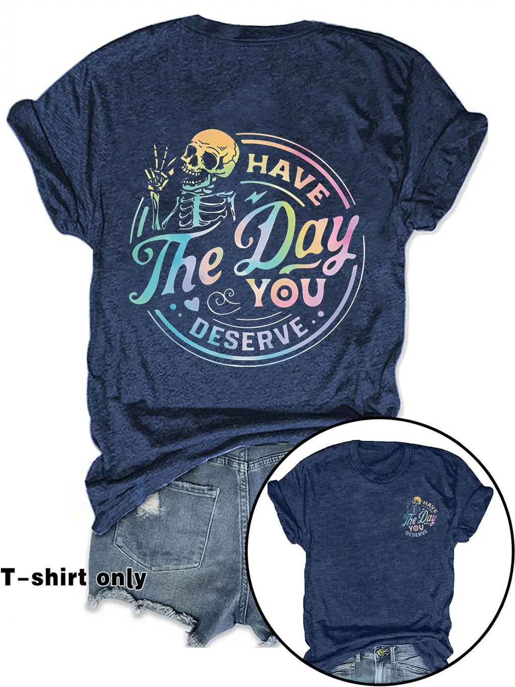 Women's Casual Everyday Fitted Graphic Letter Print Round Neck Short Sleeve T-Shirt, Spring Summer Streetwear Fashion Tee, Fun Skull Pattern, Inspirational Gradient Design, Womenswear