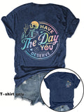 Women's Casual Everyday Fitted Graphic Letter Print Round Neck Short Sleeve T-Shirt, Spring Summer Streetwear Fashion Tee, Fun Skull Pattern, Inspirational Gradient Design, Womenswear