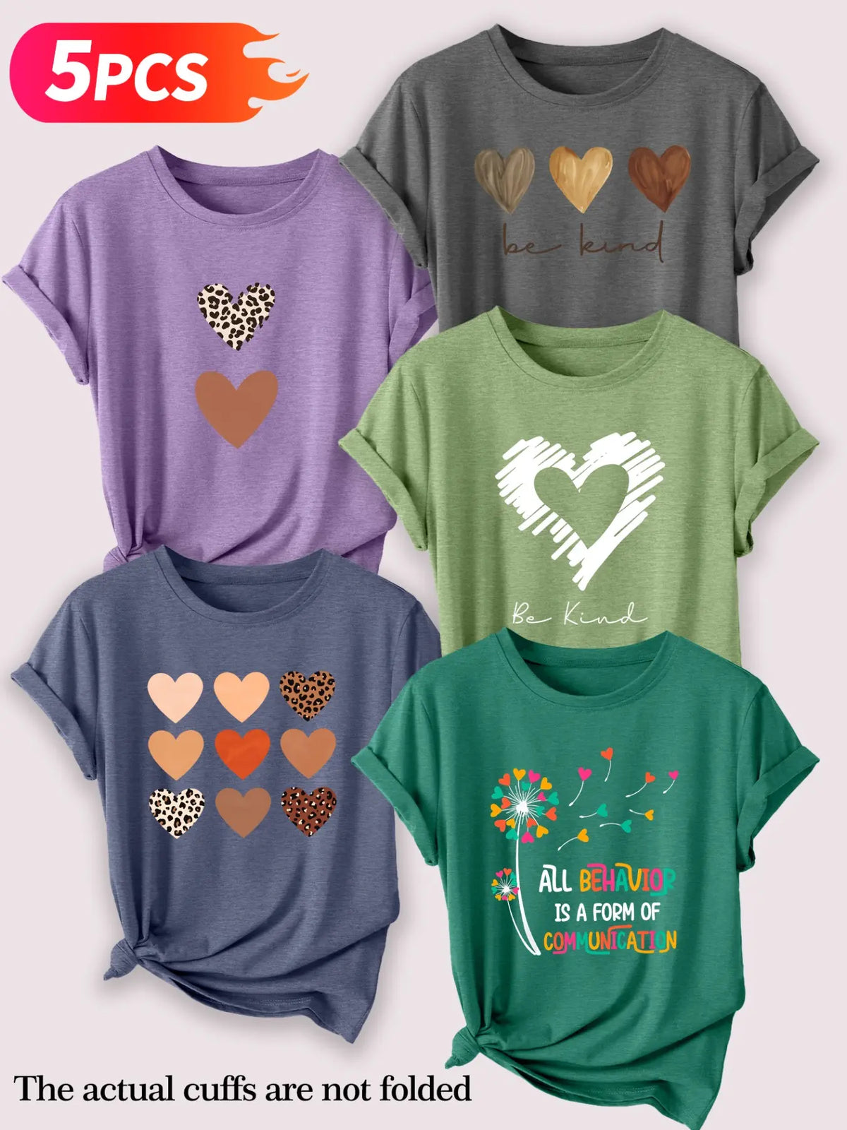 Women's Casual Round Neck T-Shirt Set, Leopard & Heart Print Short Sleeve Tees for Spring & Summer, Daily Wear
