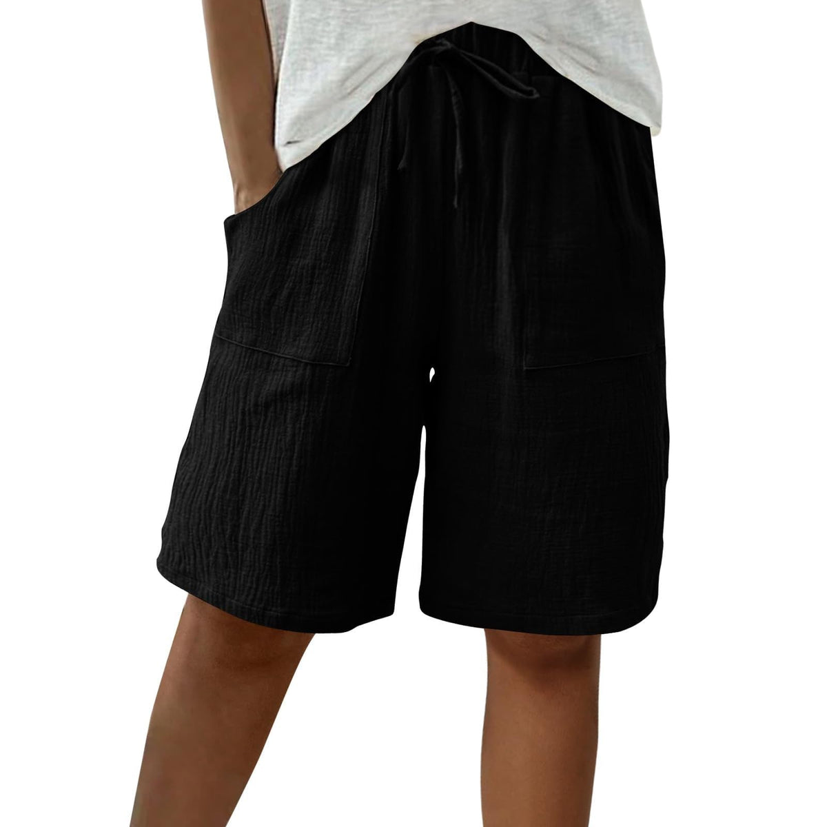 Cotton Linen Shorts for Women Knee Length Drawstring Bermuda Shorts with Pockets Summer Casual Baggy Wide Leg Outfits