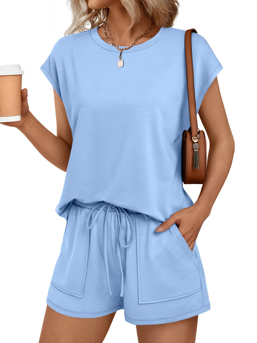 AUTOMET Womens Crew Neck Two Piece Short Sets Cap Sleeve Drawstring Summer Sweatsuit with Pocket