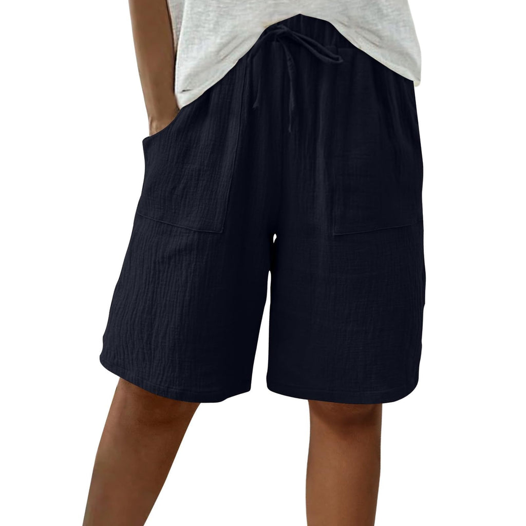 Cotton Linen Shorts for Women Knee Length Drawstring Bermuda Shorts with Pockets Summer Casual Baggy Wide Leg Outfits