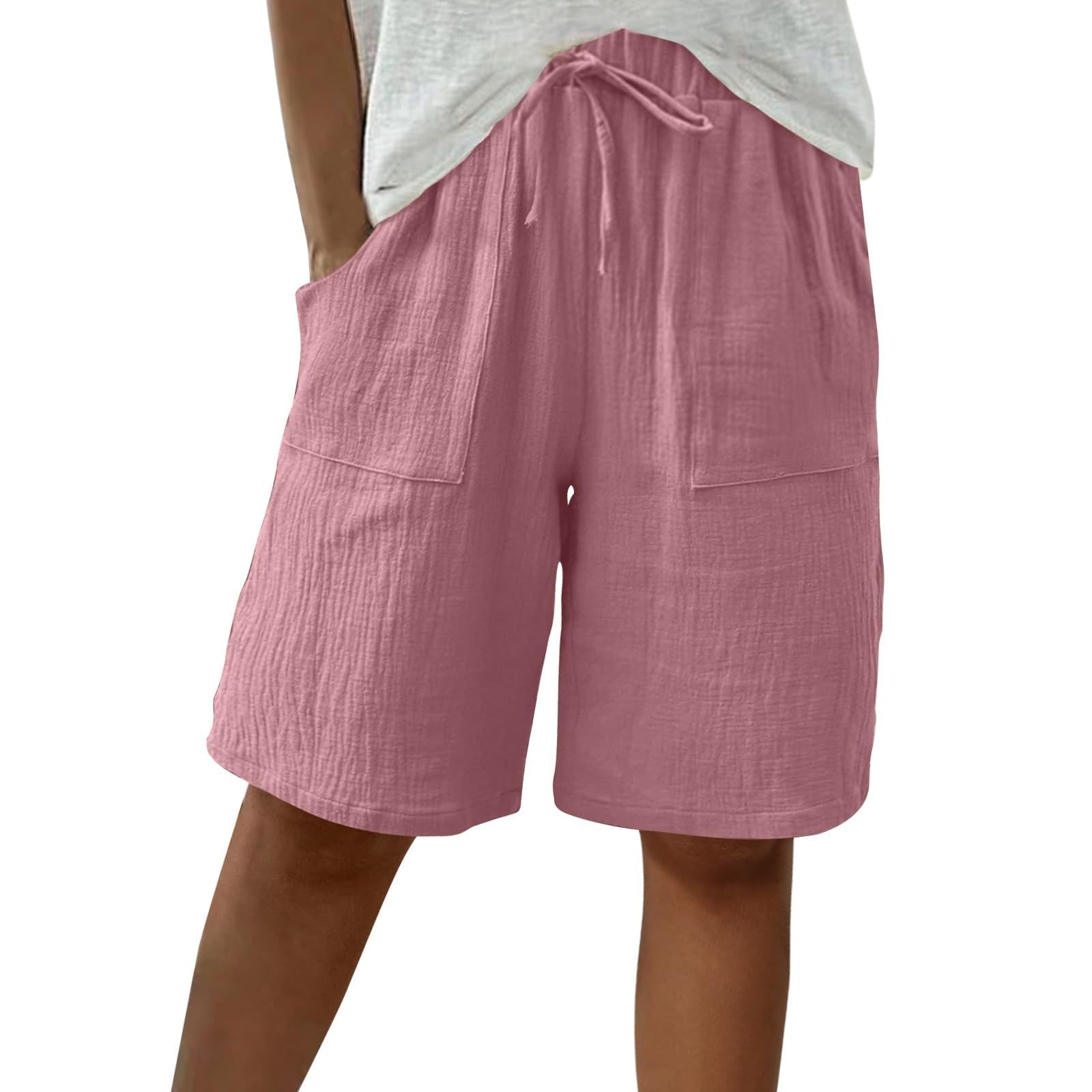 Cotton Linen Shorts for Women Knee Length Drawstring Bermuda Shorts with Pockets Summer Casual Baggy Wide Leg Outfits