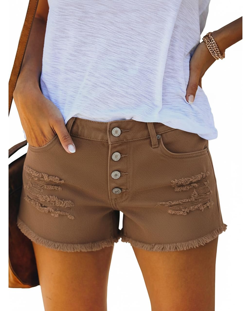 Women's Mid Rise Ripped Stretchy Jean Shorts Frayed Raw Hem Casual Denim Shorts 2026
