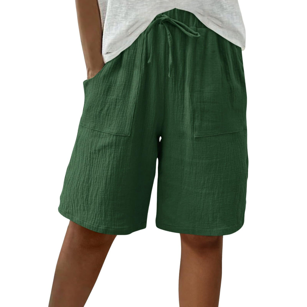 Cotton Linen Shorts for Women Knee Length Drawstring Bermuda Shorts with Pockets Summer Casual Baggy Wide Leg Outfits