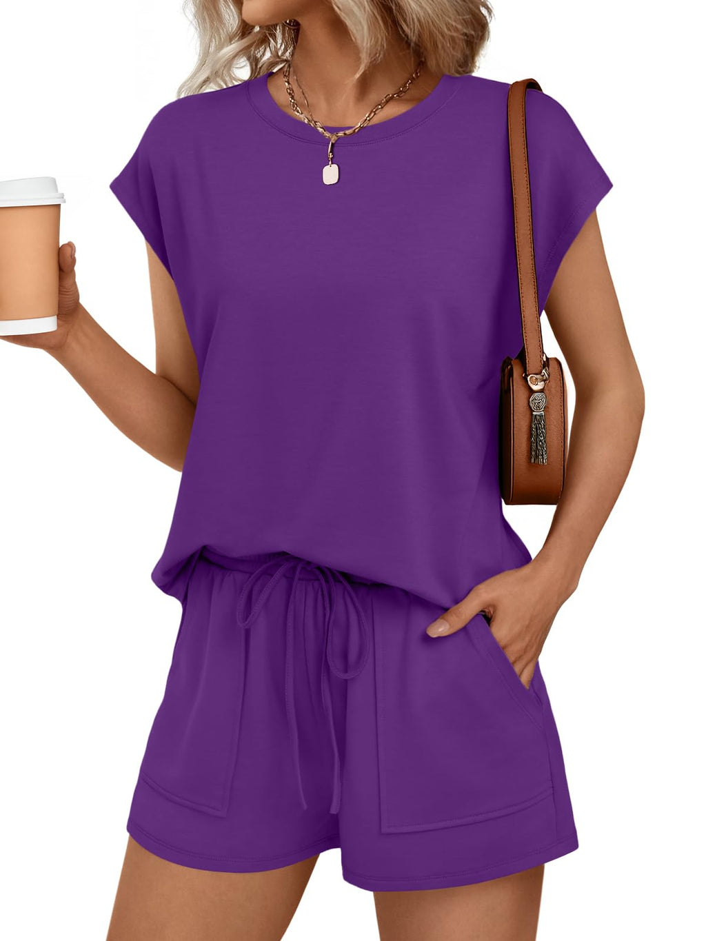 AUTOMET Womens Crew Neck Two Piece Short Sets Cap Sleeve Drawstring Summer Sweatsuit with Pocket