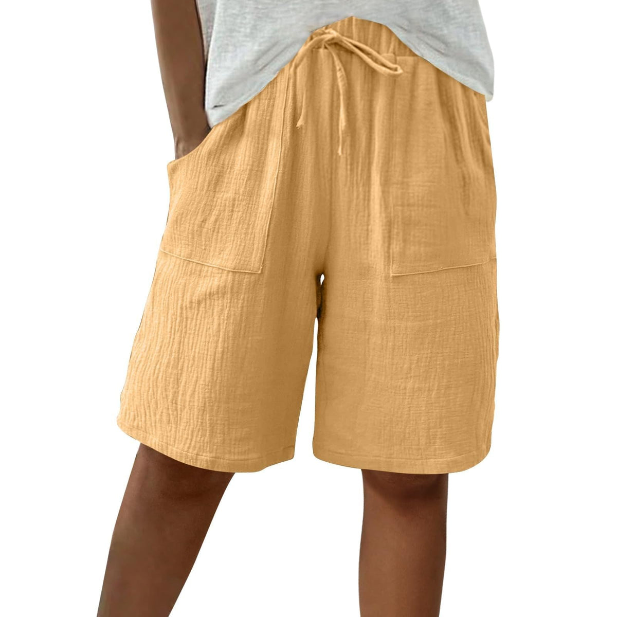 Cotton Linen Shorts for Women Knee Length Drawstring Bermuda Shorts with Pockets Summer Casual Baggy Wide Leg Outfits