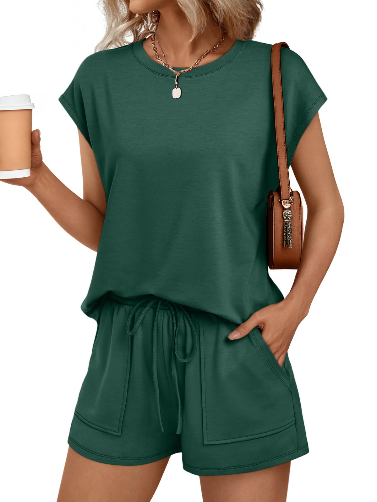 AUTOMET Womens Crew Neck Two Piece Short Sets Cap Sleeve Drawstring Summer Sweatsuit with Pocket