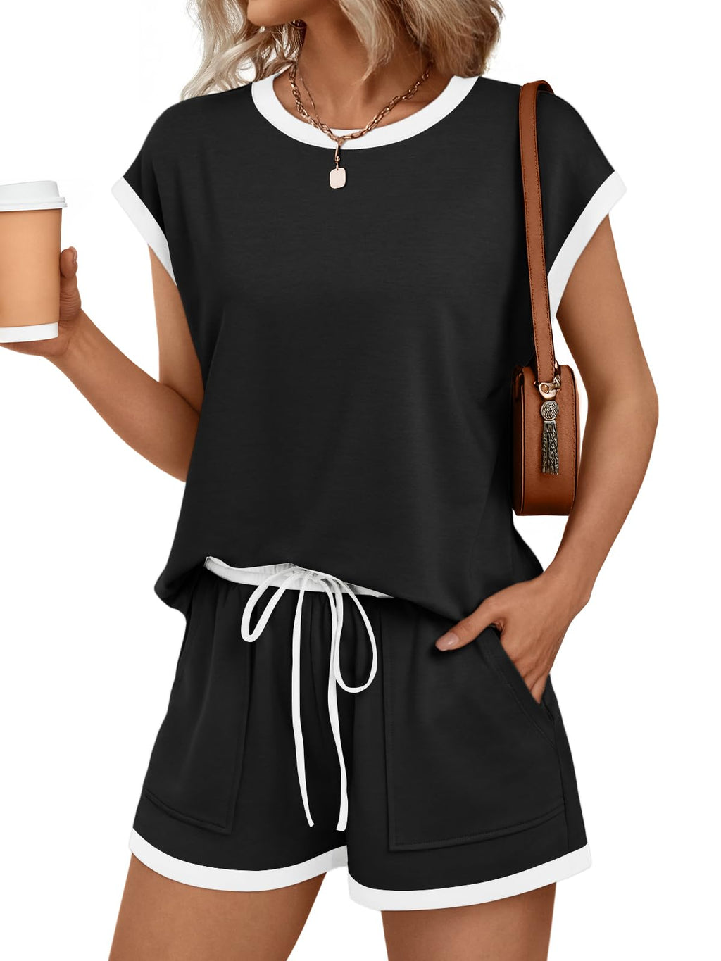 AUTOMET Womens Crew Neck Two Piece Short Sets Cap Sleeve Drawstring Summer Sweatsuit with Pocket