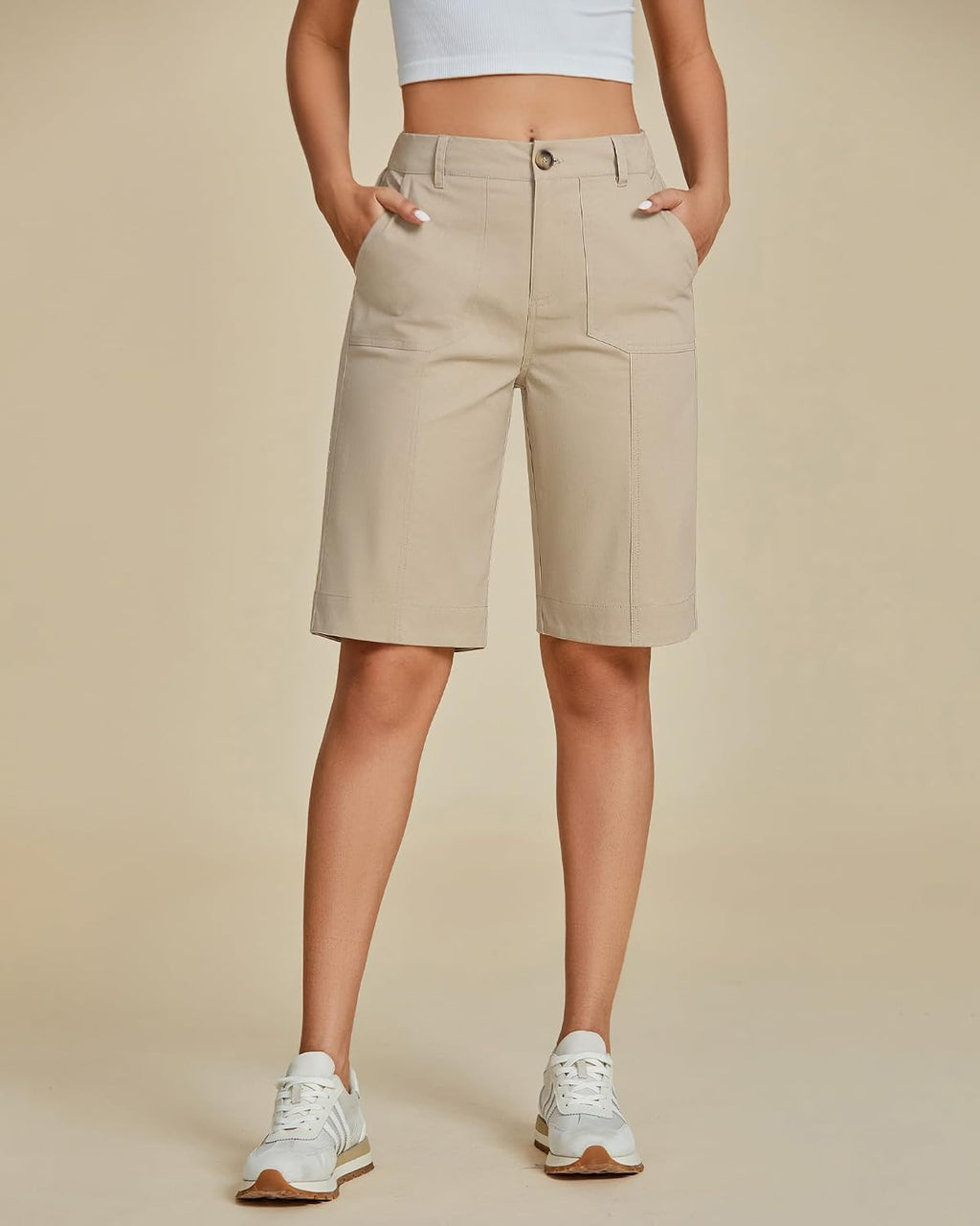 luvamia Bermuda Shorts for Women Knee Length High Waisted Cotton Elastic Waist Summer Dressy Casual Long Chino Shorts