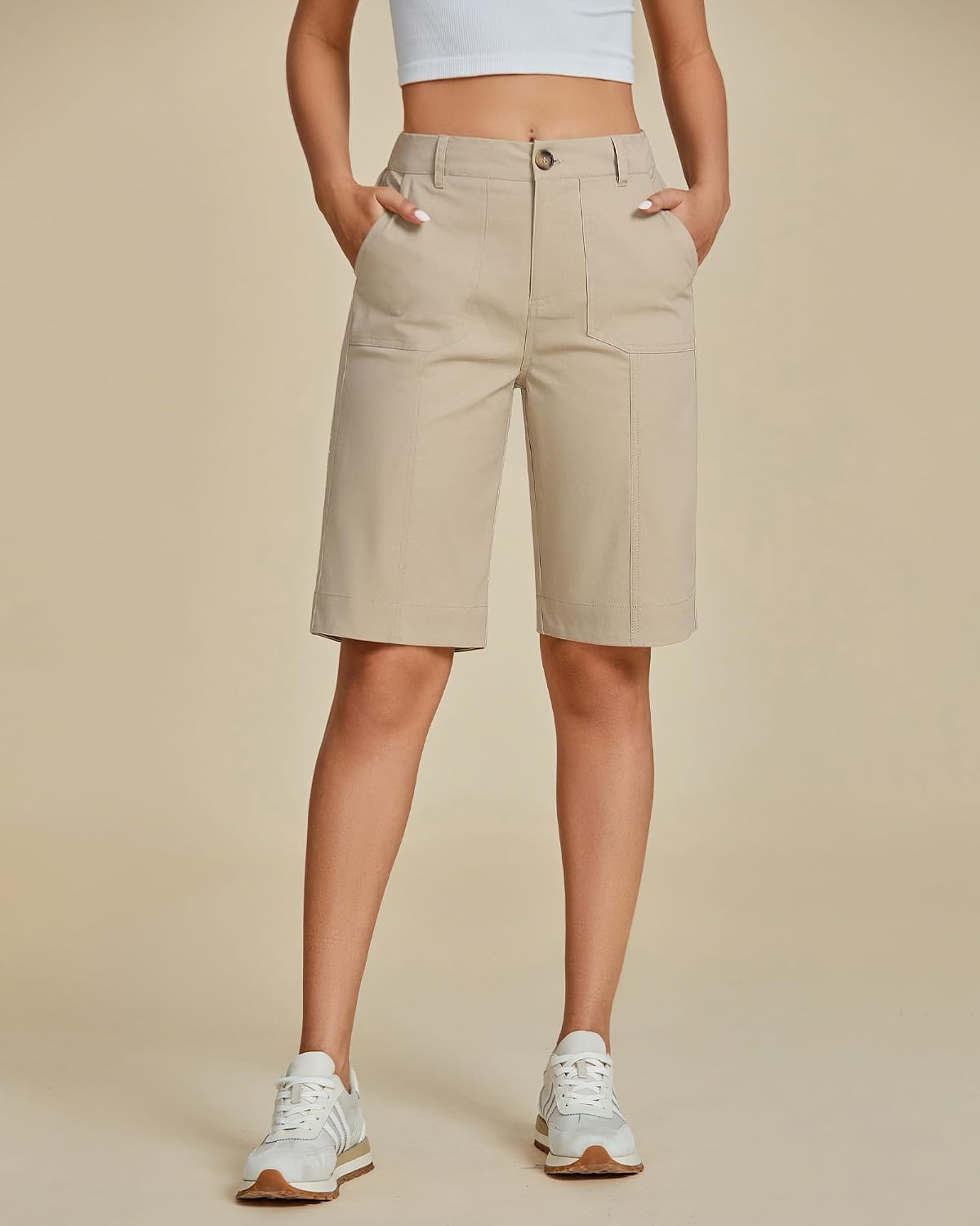 luvamia Bermuda Shorts for Women Knee Length High Waisted Cotton Elastic Waist Summer Dressy Casual Long Chino Shorts