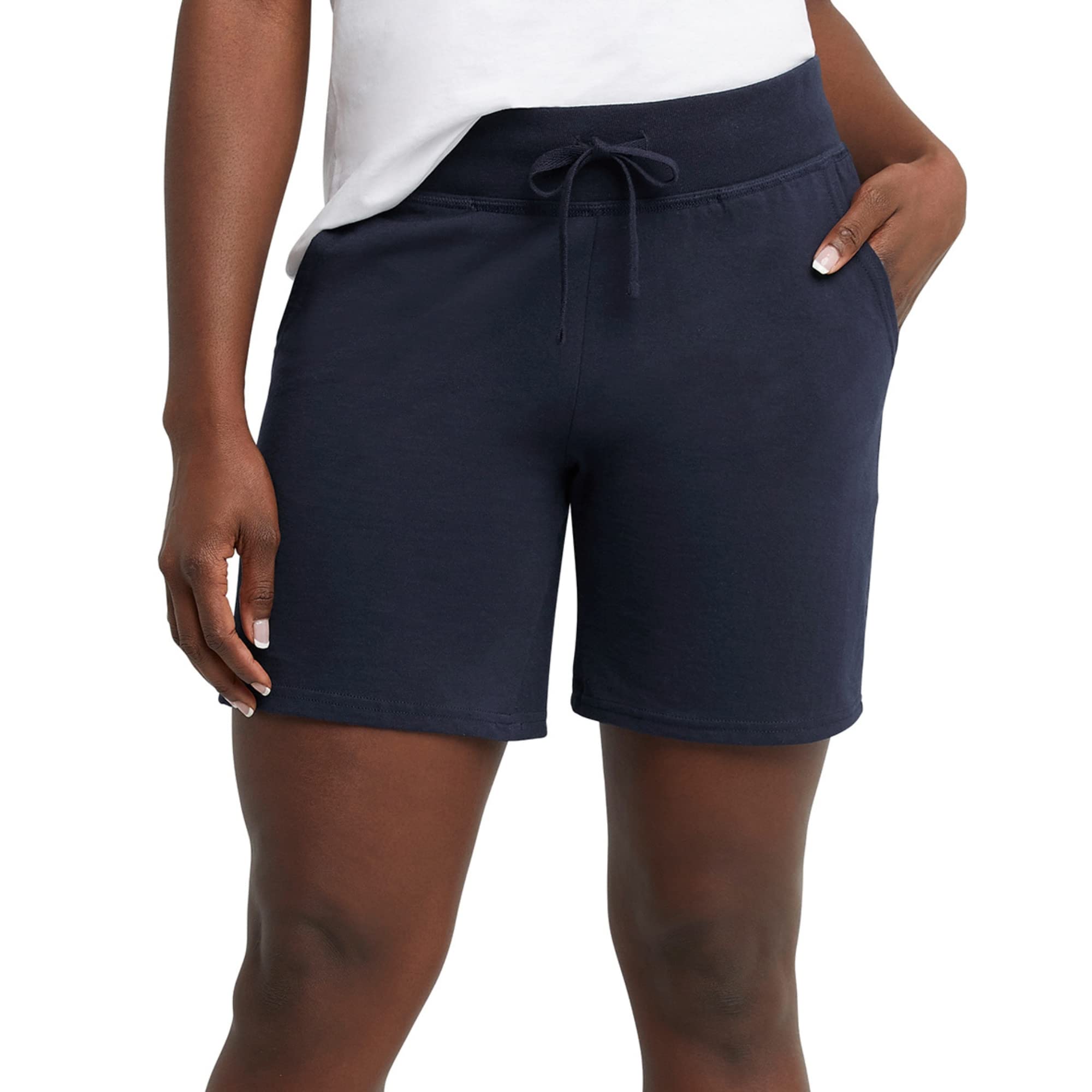 Hanes Women's Jersey Pocket Shorts, Drawstring Cotton Jersey Shorts, 7" Inseam