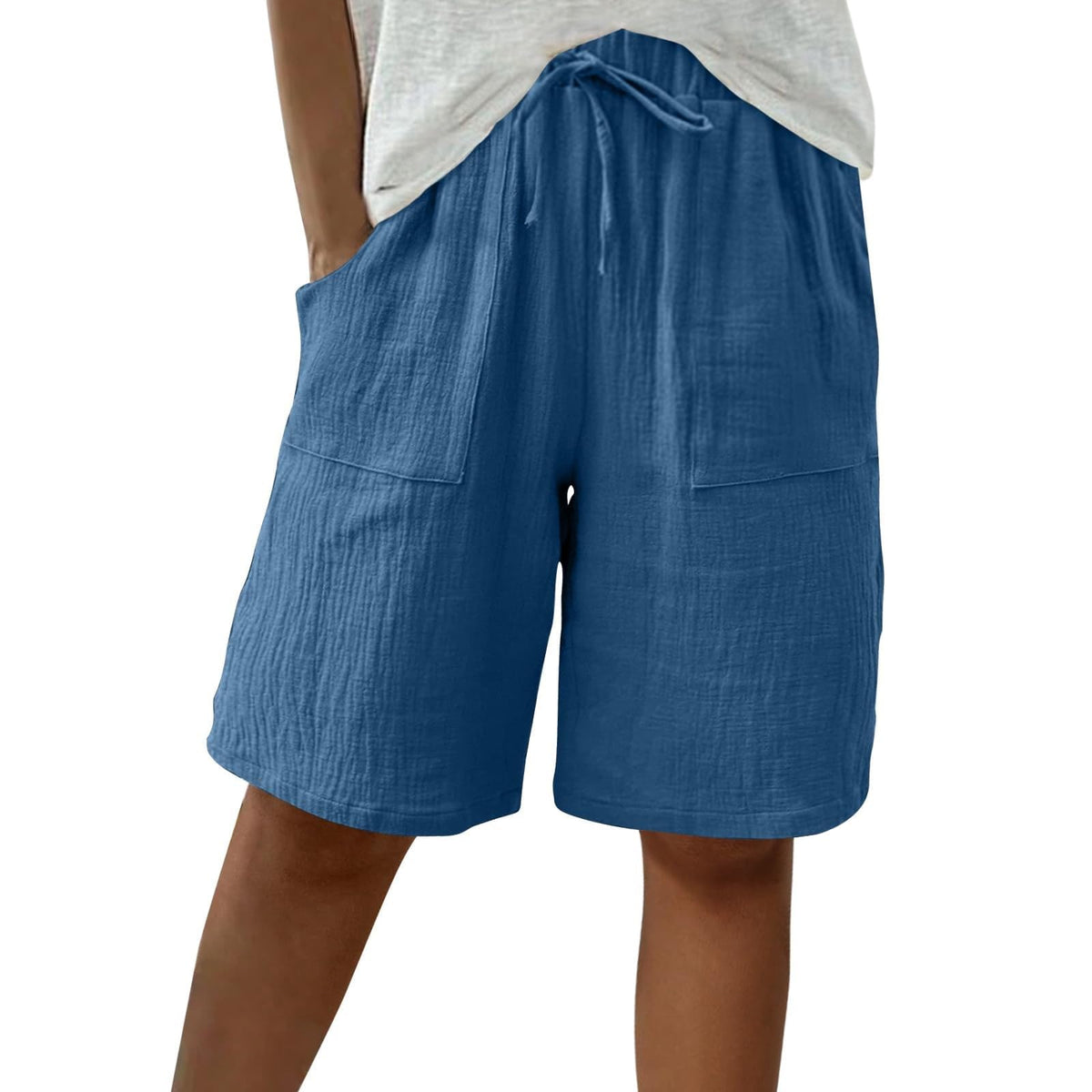 Cotton Linen Shorts for Women Knee Length Drawstring Bermuda Shorts with Pockets Summer Casual Baggy Wide Leg Outfits