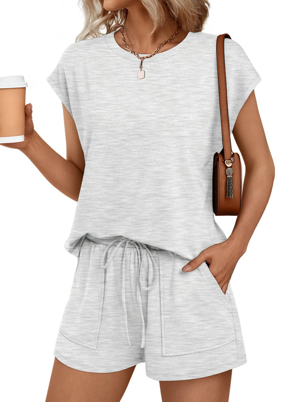AUTOMET Womens Crew Neck Two Piece Short Sets Cap Sleeve Drawstring Summer Sweatsuit with Pocket