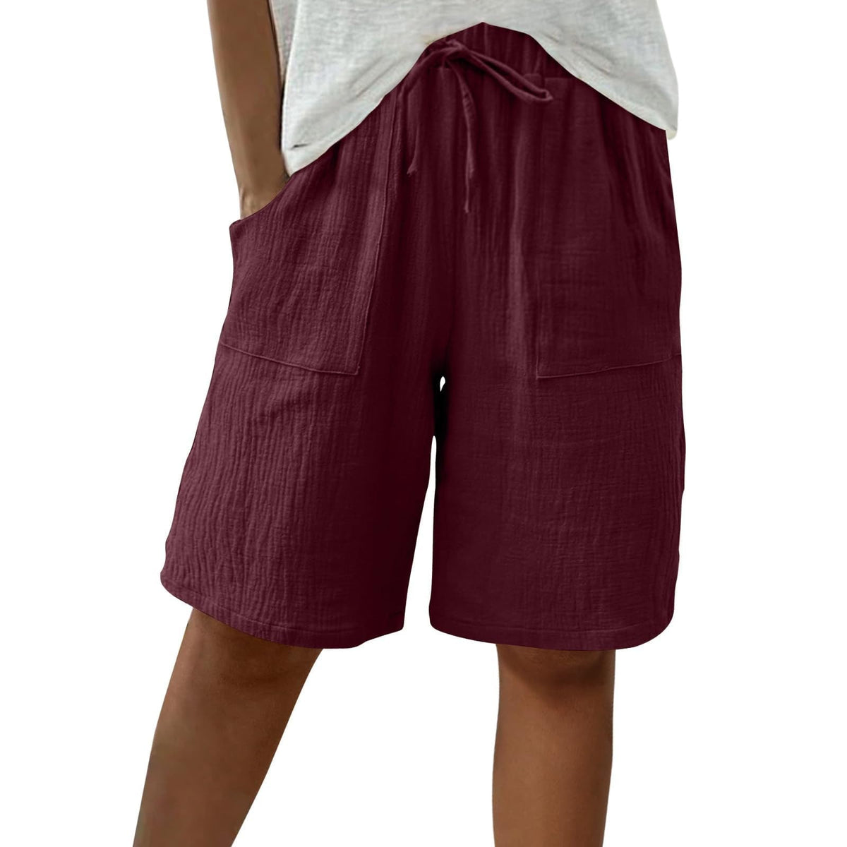 Cotton Linen Shorts for Women Knee Length Drawstring Bermuda Shorts with Pockets Summer Casual Baggy Wide Leg Outfits