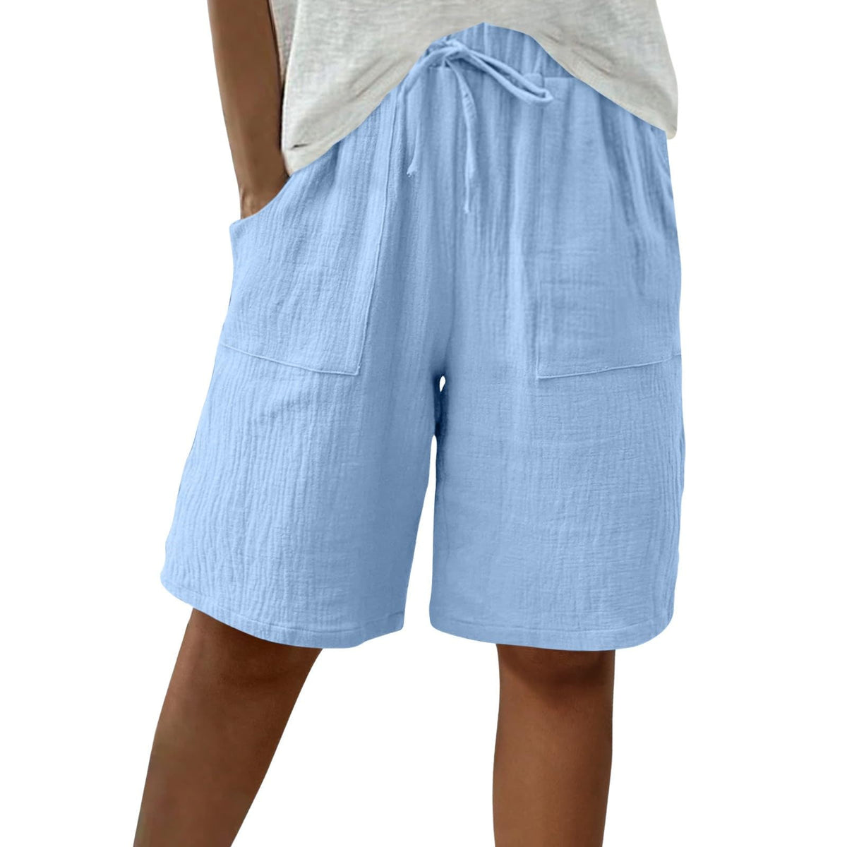 Cotton Linen Shorts for Women Knee Length Drawstring Bermuda Shorts with Pockets Summer Casual Baggy Wide Leg Outfits