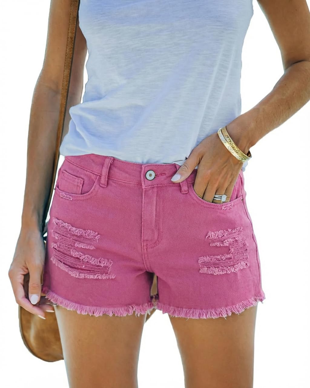 Women's Mid Rise Ripped Stretchy Jean Shorts Frayed Raw Hem Casual Denim Shorts 2026