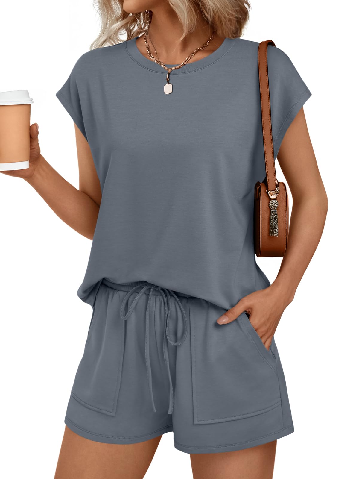 AUTOMET Womens Crew Neck Two Piece Short Sets Cap Sleeve Drawstring Summer Sweatsuit with Pocket