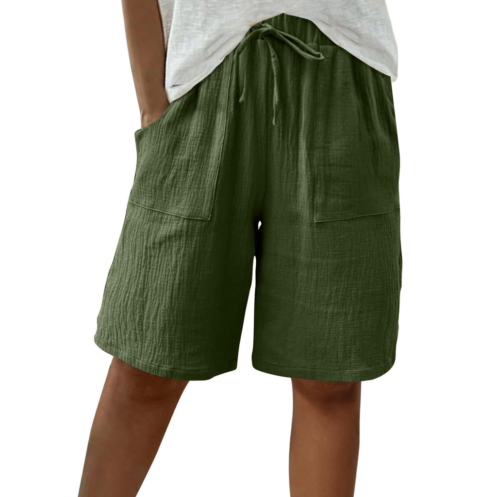 Cotton Linen Shorts for Women Knee Length Drawstring Bermuda Shorts with Pockets Summer Casual Baggy Wide Leg Outfits