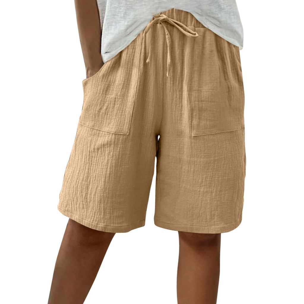 Cotton Linen Shorts for Women Knee Length Drawstring Bermuda Shorts with Pockets Summer Casual Baggy Wide Leg Outfits