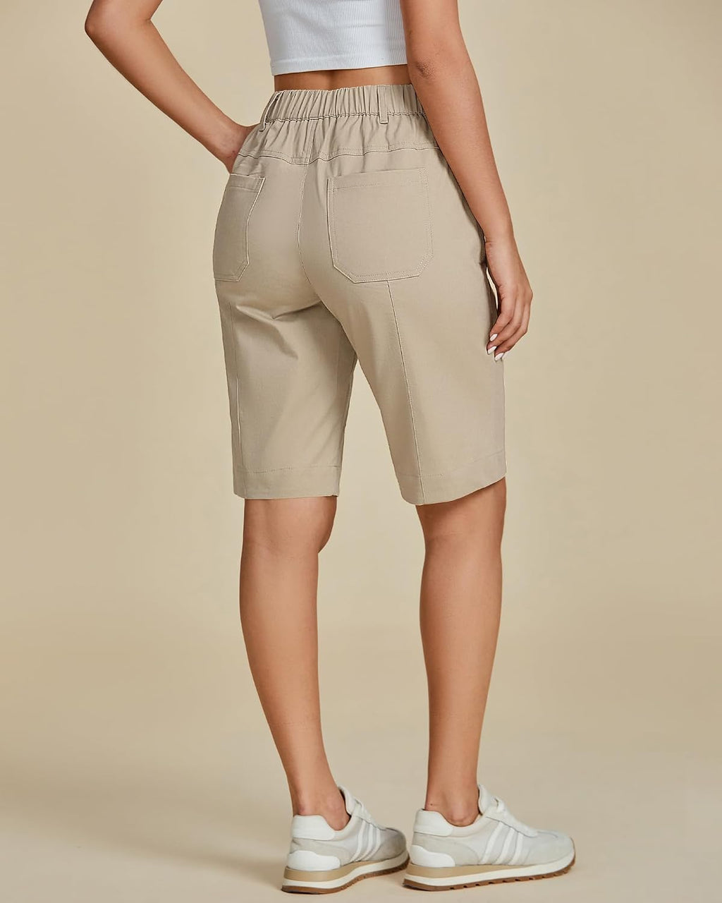 luvamia Bermuda Shorts for Women Knee Length High Waisted Cotton Elastic Waist Summer Dressy Casual Long Chino Shorts