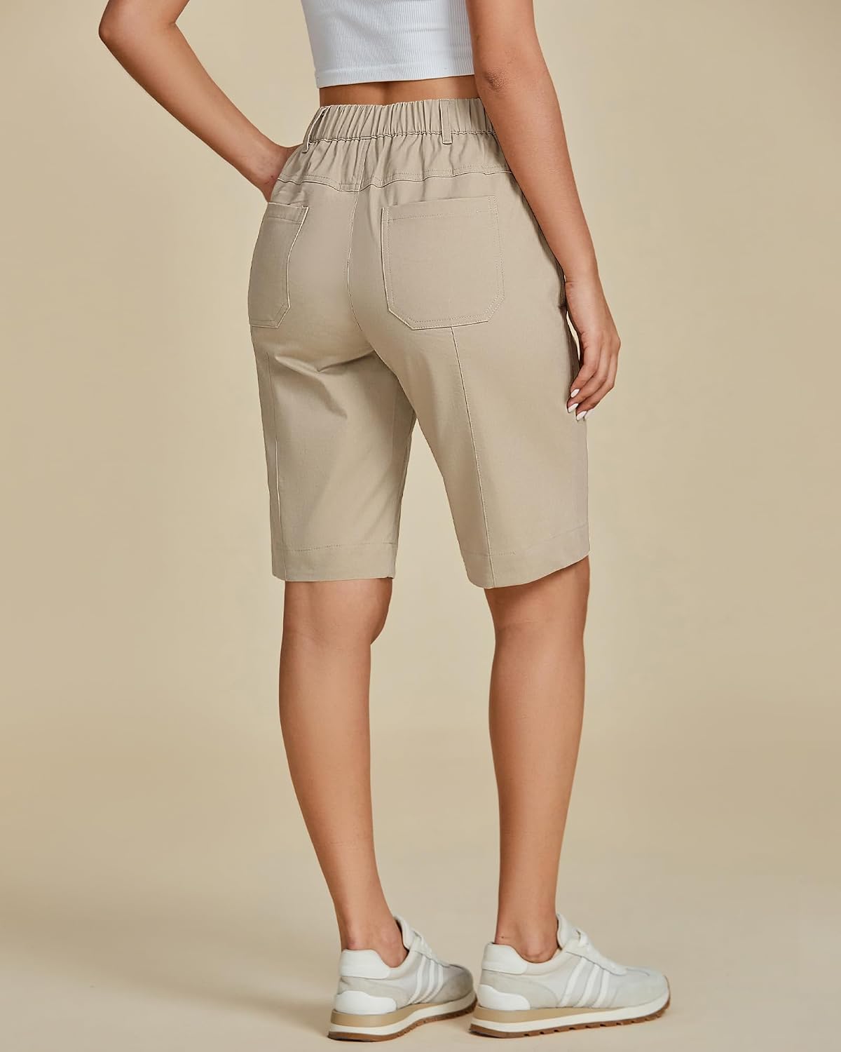 luvamia Bermuda Shorts for Women Knee Length High Waisted Cotton Elastic Waist Summer Dressy Casual Long Chino Shorts