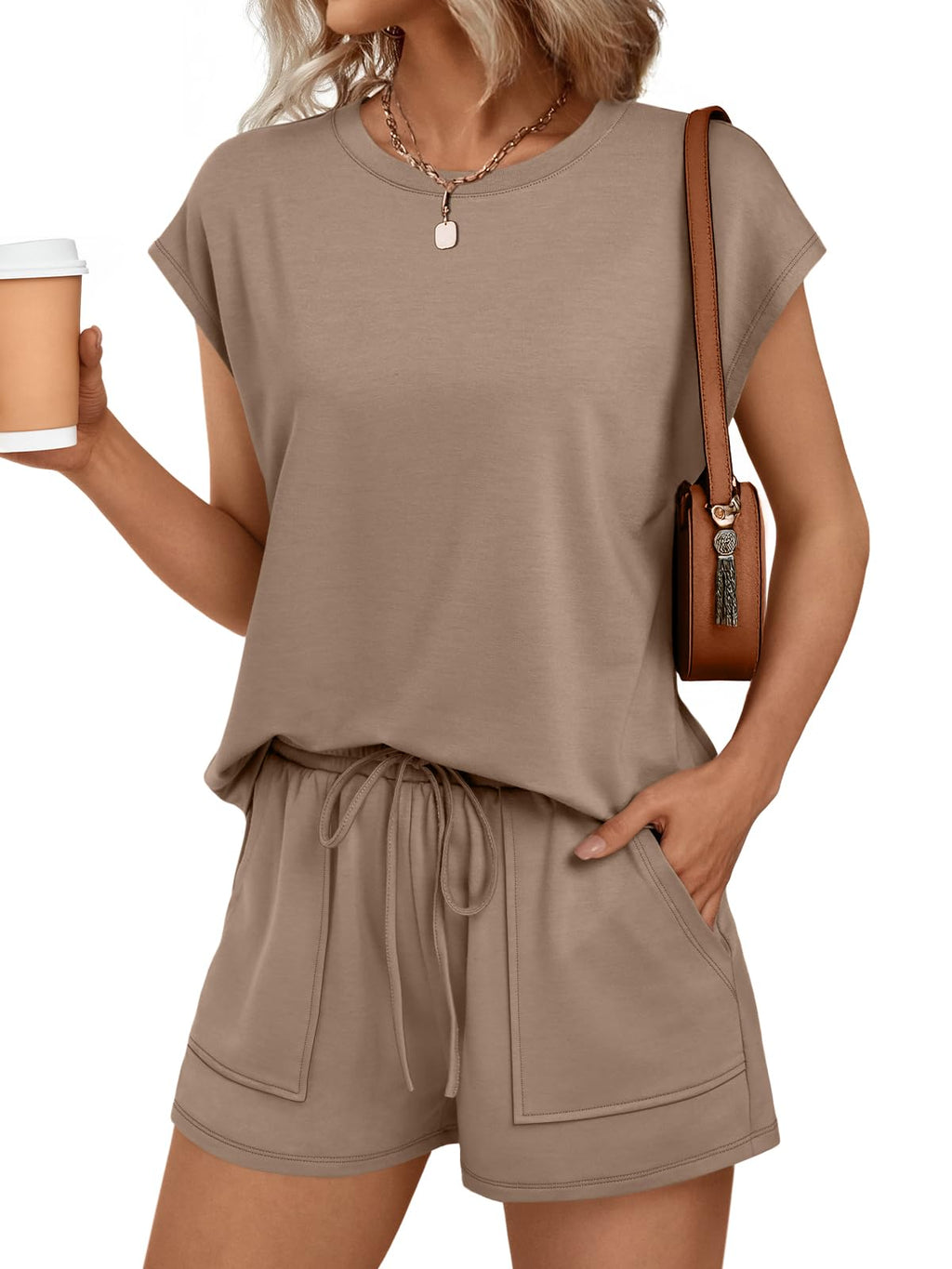 AUTOMET Womens Crew Neck Two Piece Short Sets Cap Sleeve Drawstring Summer Sweatsuit with Pocket