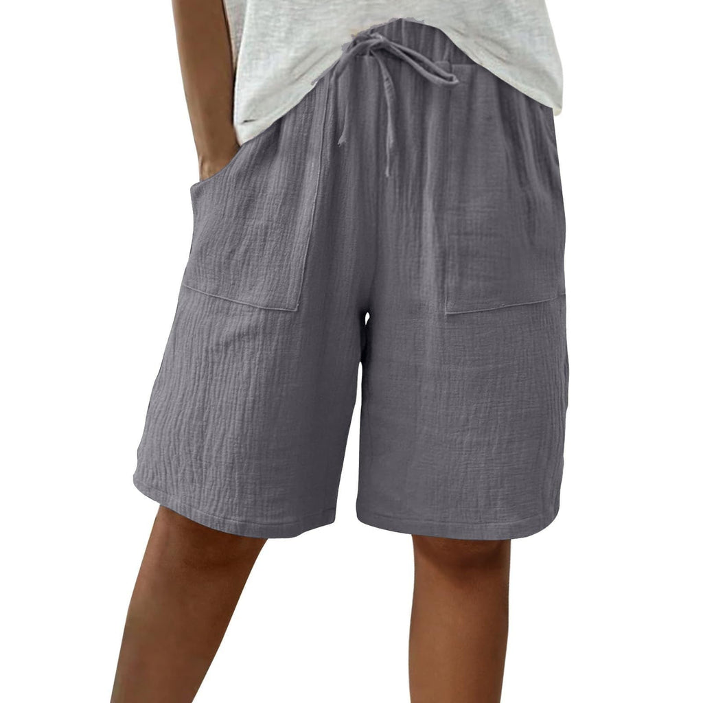 Cotton Linen Shorts for Women Knee Length Drawstring Bermuda Shorts with Pockets Summer Casual Baggy Wide Leg Outfits