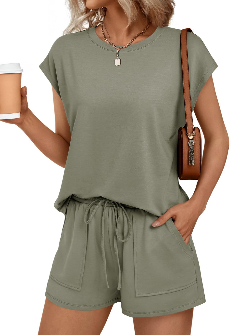 AUTOMET Womens Crew Neck Two Piece Short Sets Cap Sleeve Drawstring Summer Sweatsuit with Pocket