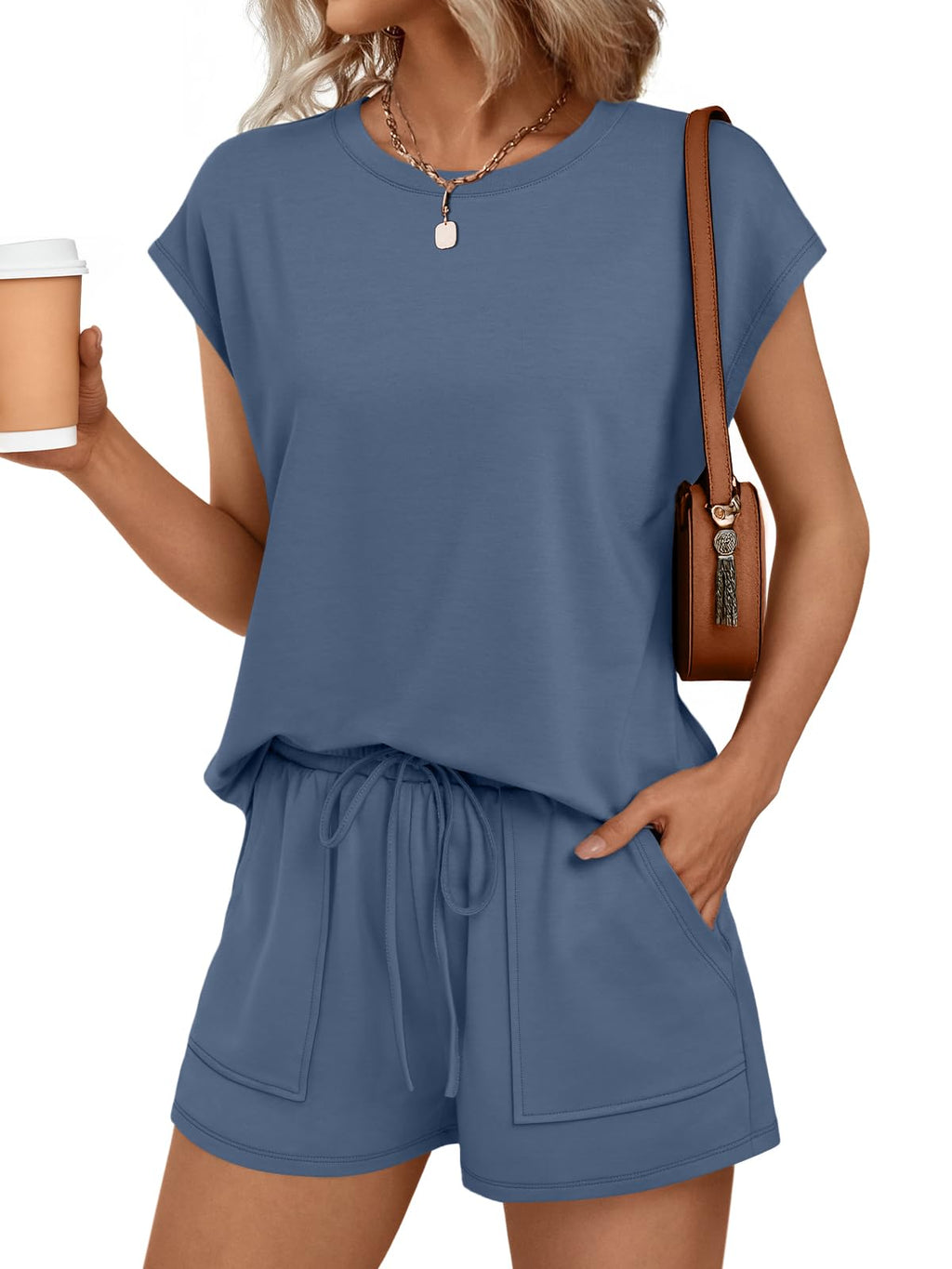 AUTOMET Womens Crew Neck Two Piece Short Sets Cap Sleeve Drawstring Summer Sweatsuit with Pocket
