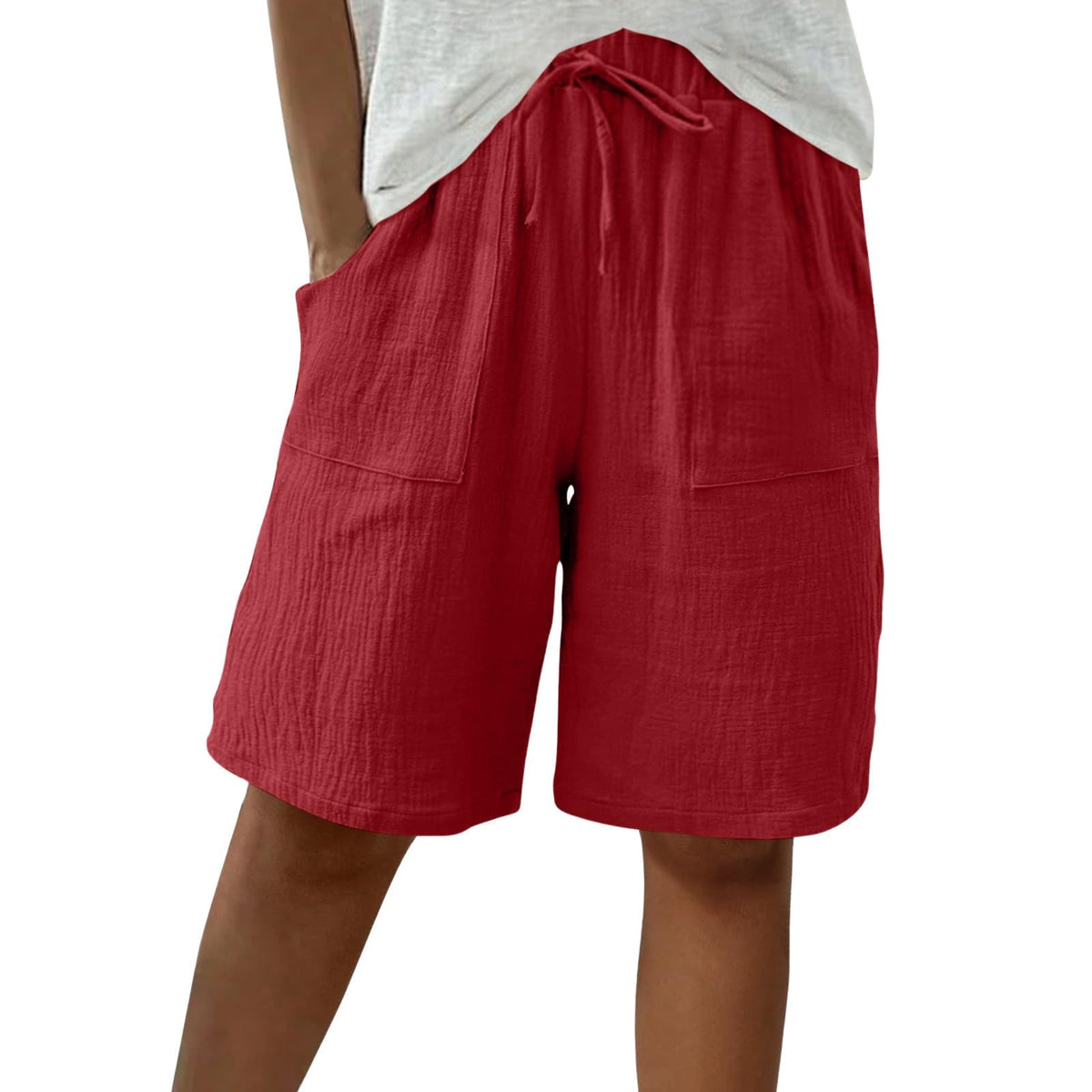 Cotton Linen Shorts for Women Knee Length Drawstring Bermuda Shorts with Pockets Summer Casual Baggy Wide Leg Outfits